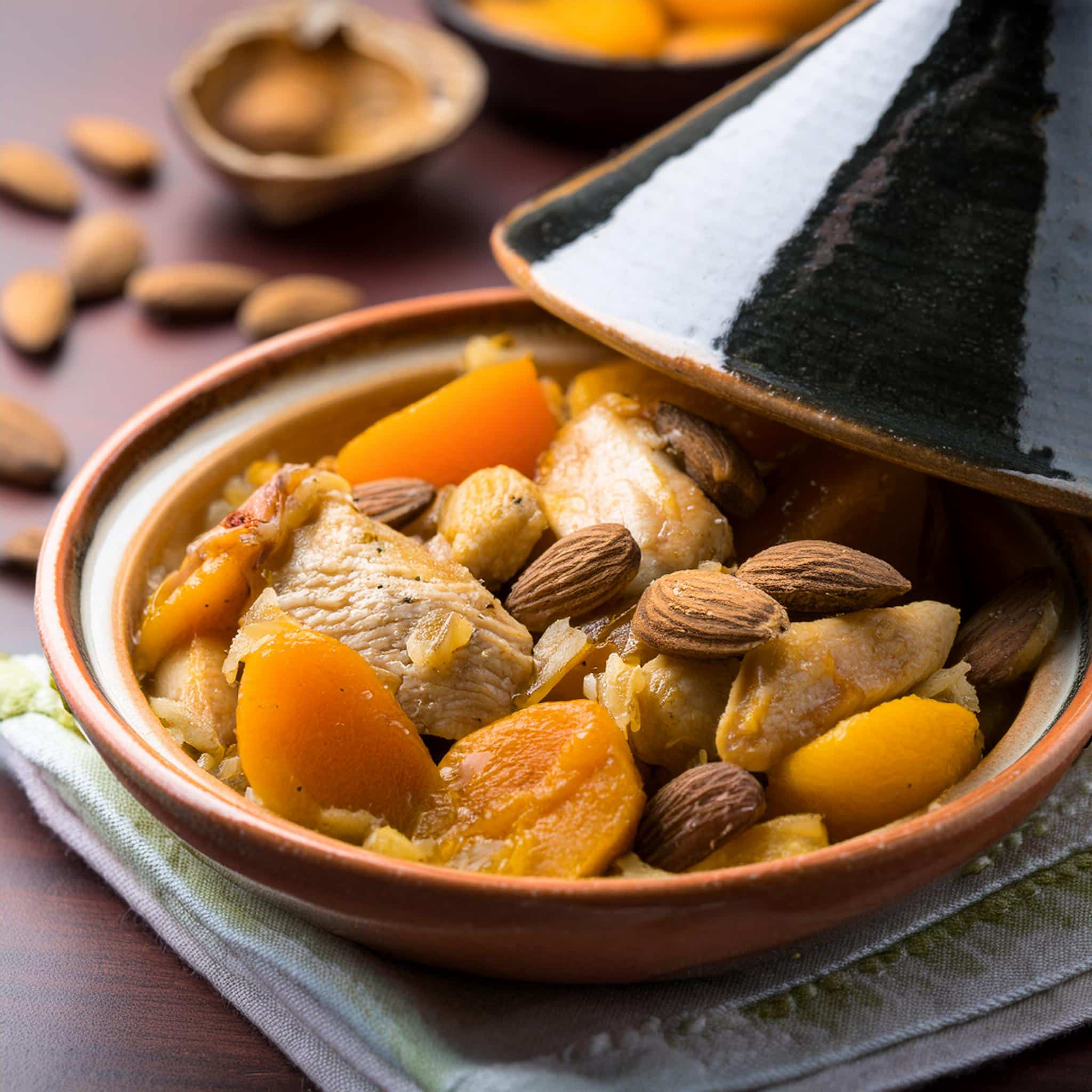 Un tajine de poulet, abricot, amandes et ras-el-hanout