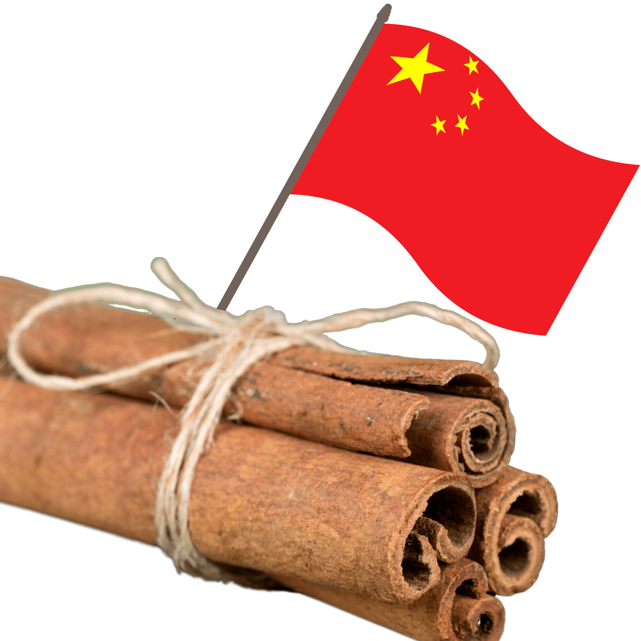 De la cannelle Cassia devant un drapeau de la Chine