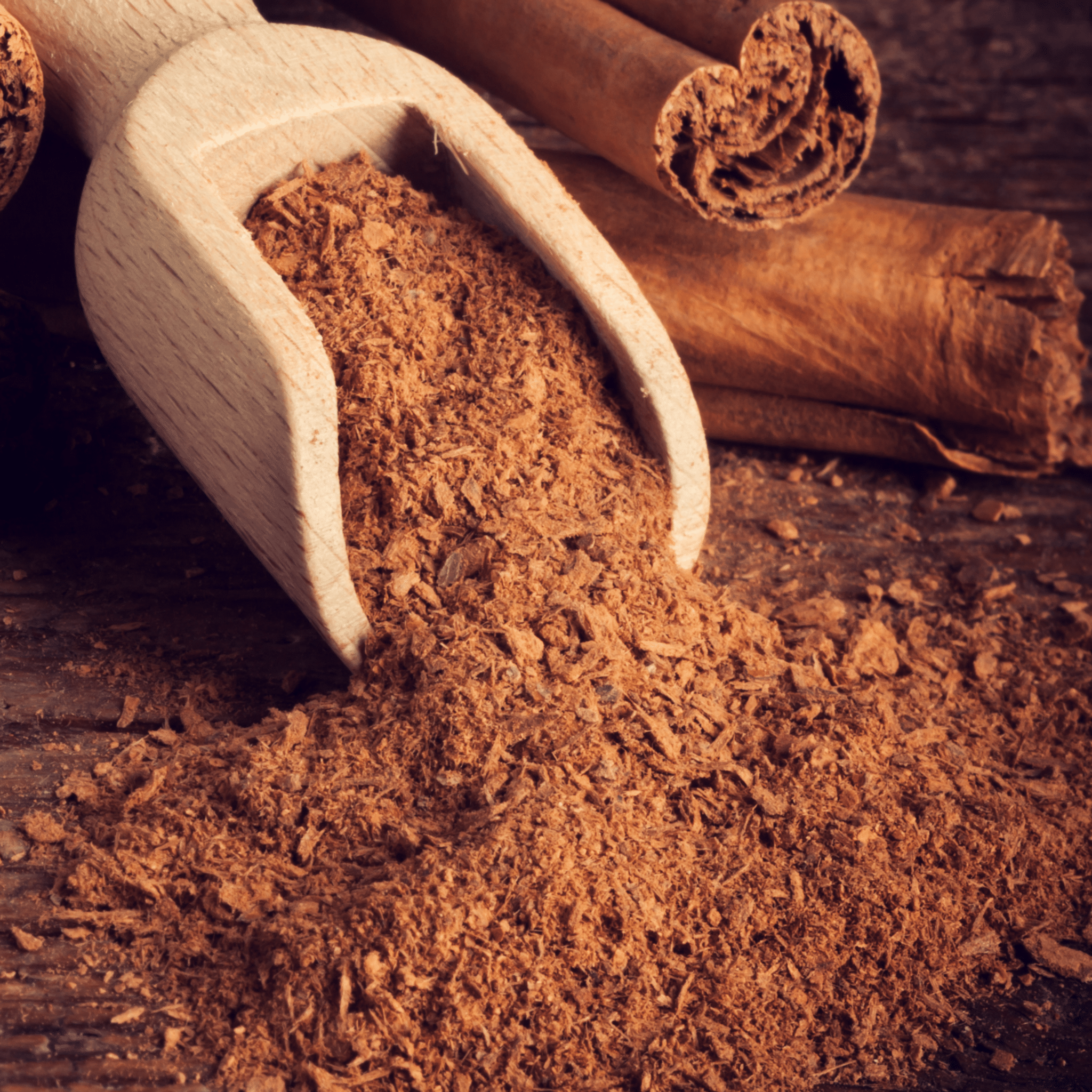 De la canelle en poudre dans une cuillière en bois