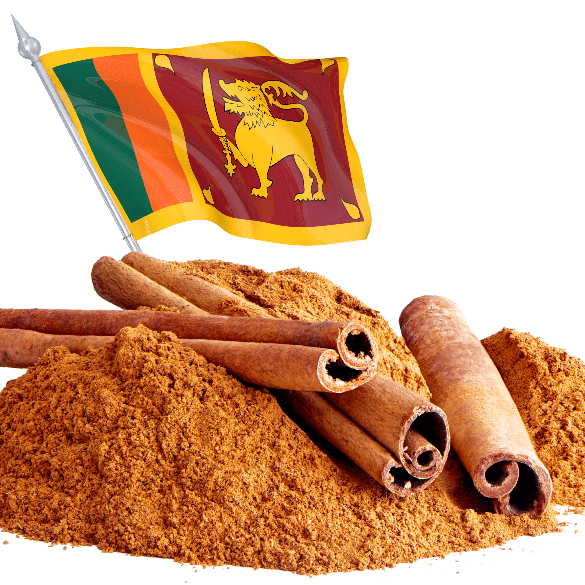 De la cannelle de Ceylan devant un drapeau du Sri Lanka
