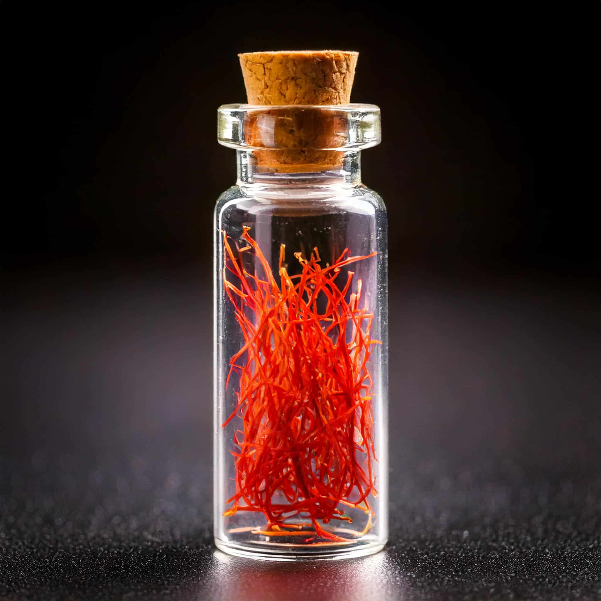 Des pistils de safran dans une petite fiole en verre