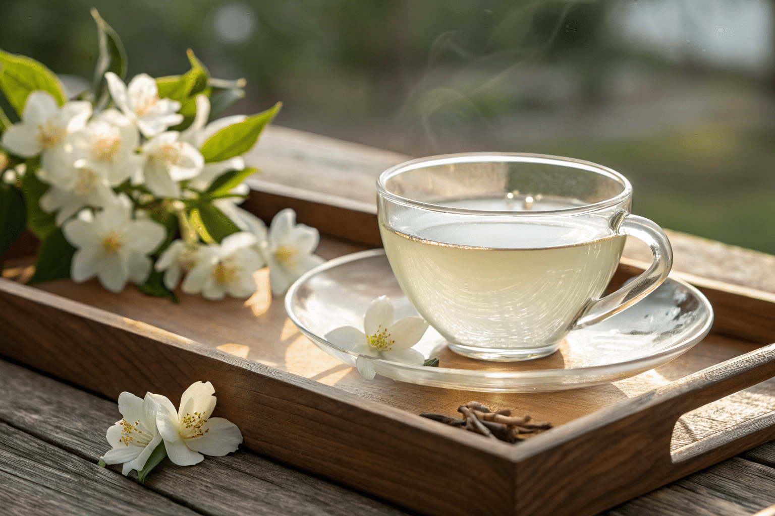 Une tasse de thé blanc sur un plateau avec des fleurs de thé blanches
