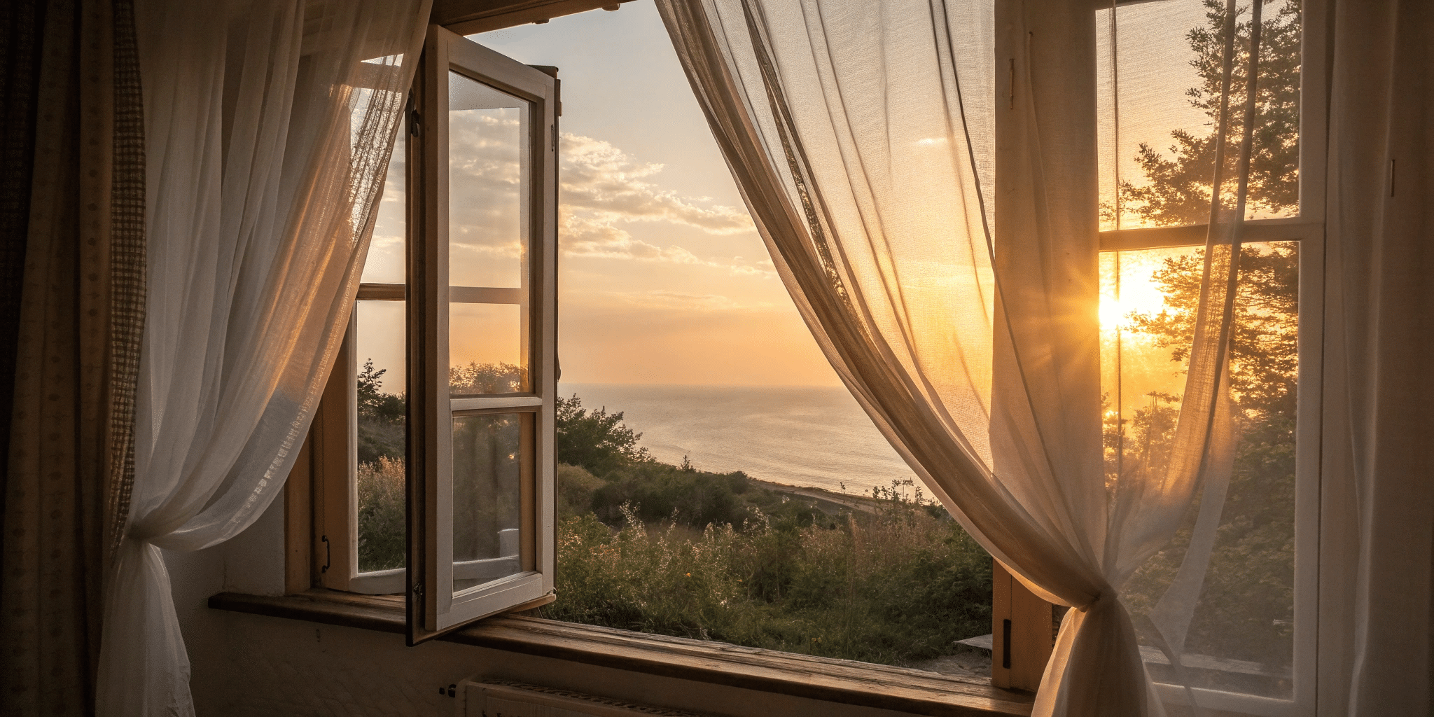 Ein wunderschöner Sonnenaufgang durch ein offenes Fenster mit im Wind wehenden Vorhängen
