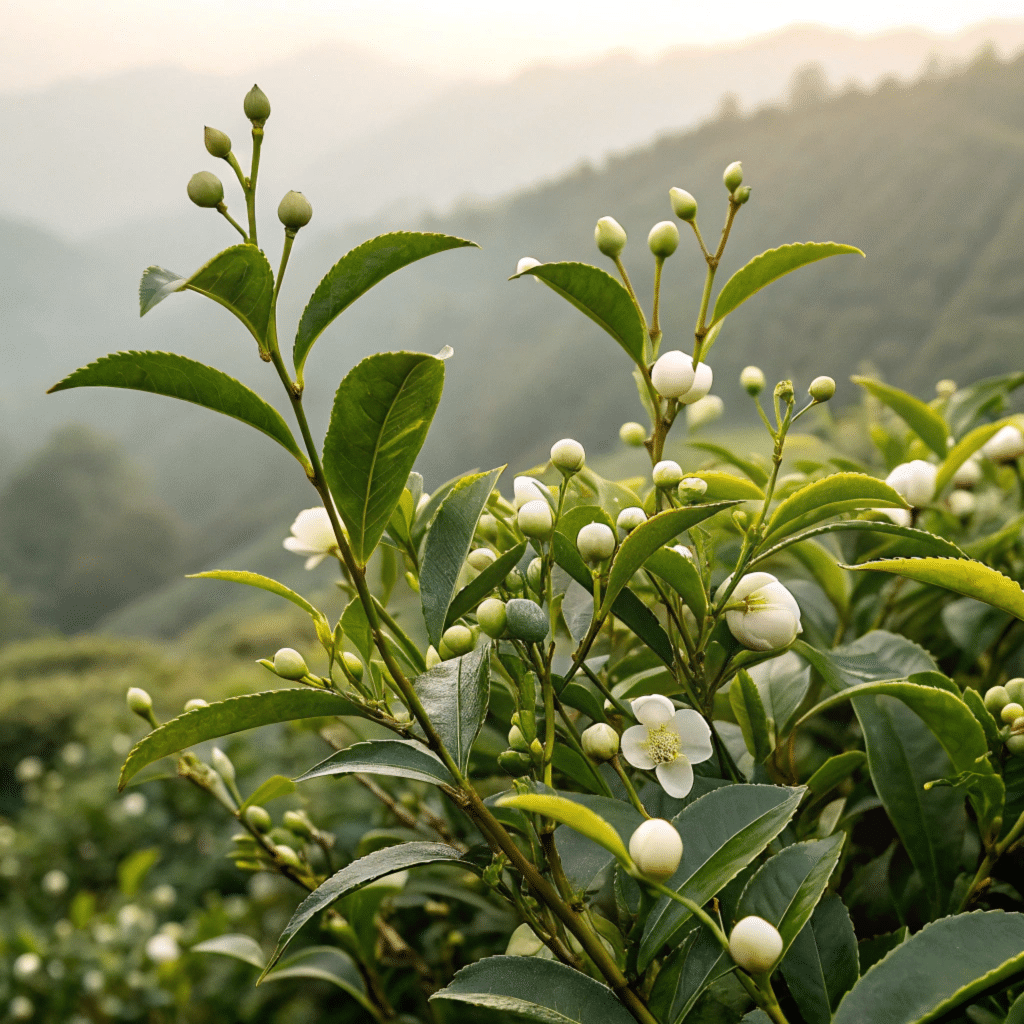 Un buisson de thé blanc en fleurs en chine