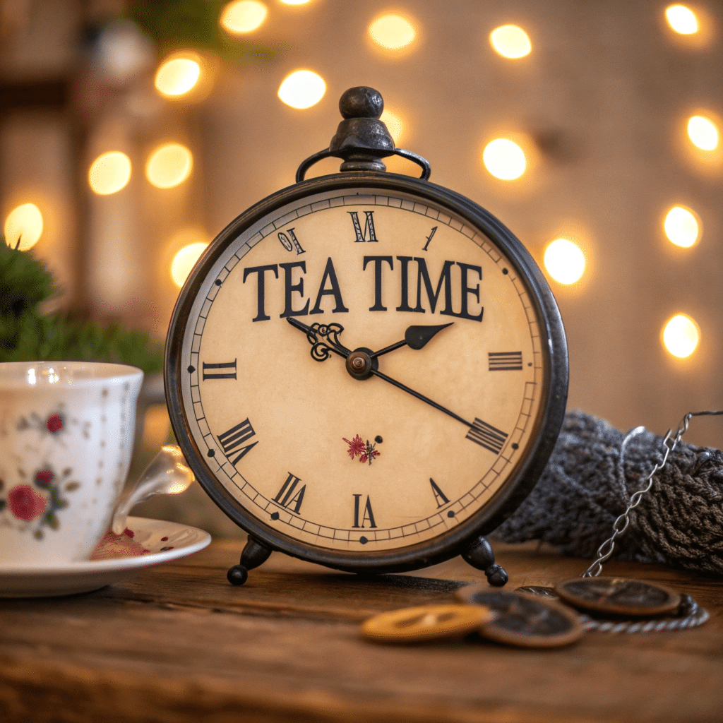 Une horloge avec le texte "Tea Time"