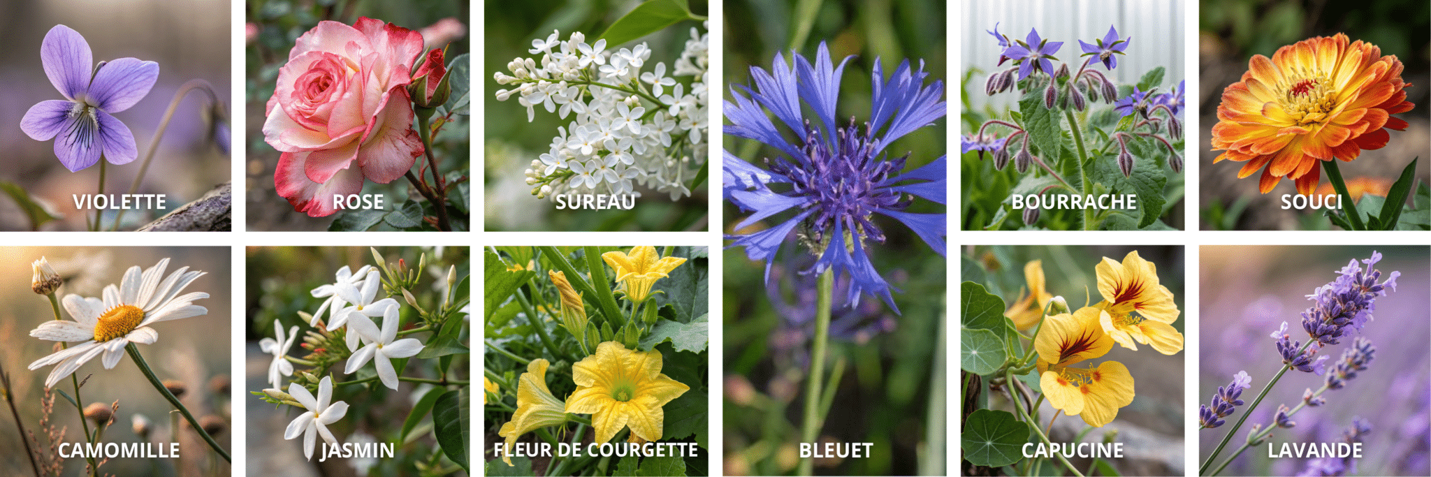 Eine Montage mit essbaren Blumen