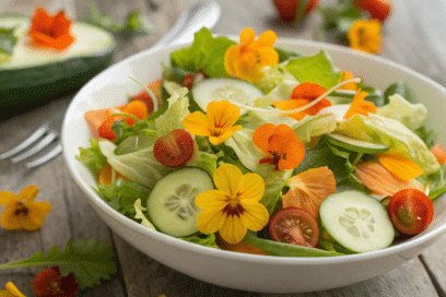 Frischer Salat mit Kapuzinerkresseblüten