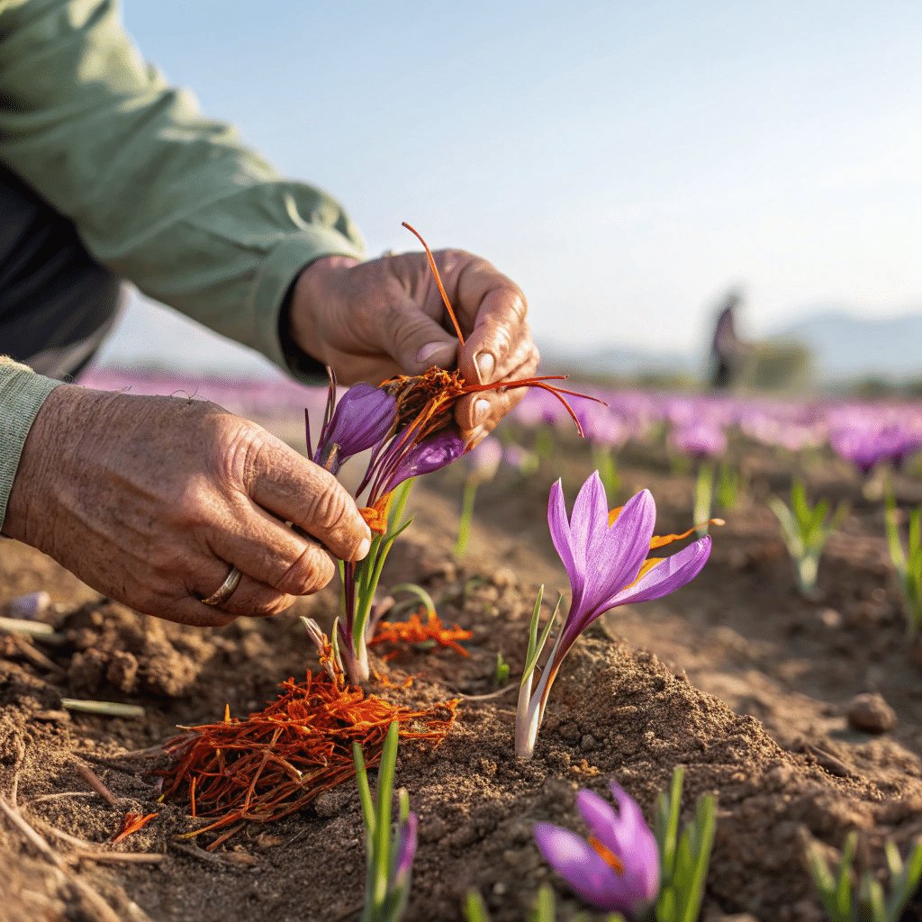 Des mains expertes prélèvent délicatement le safran a même la fleur