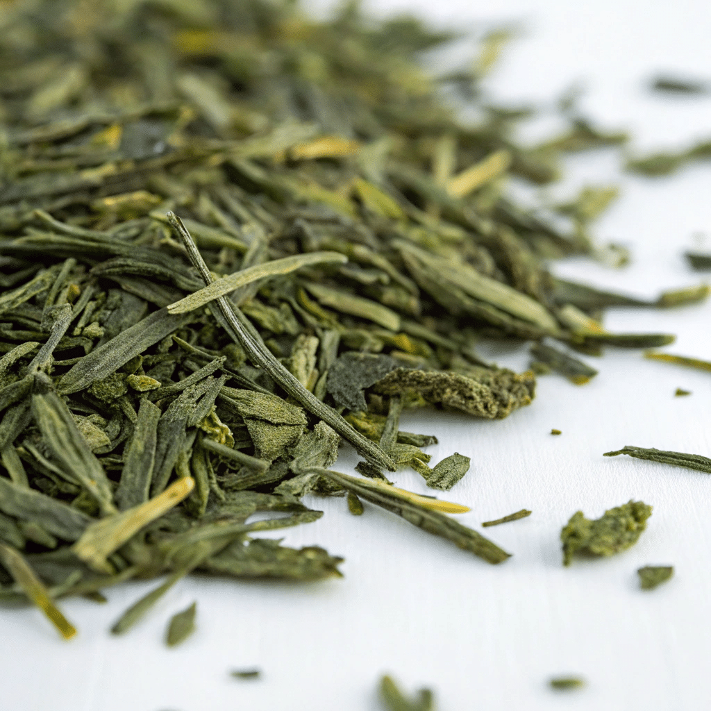 Getrockneter Gyokuro-Tee aus der Nähe betrachtet