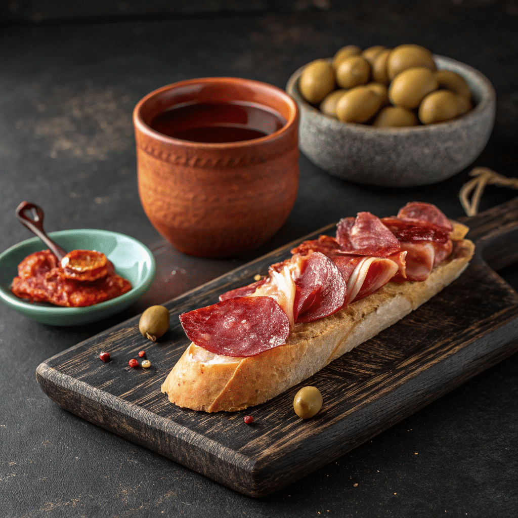 Fleisch-Tapas und schwarzer oder roter Tee