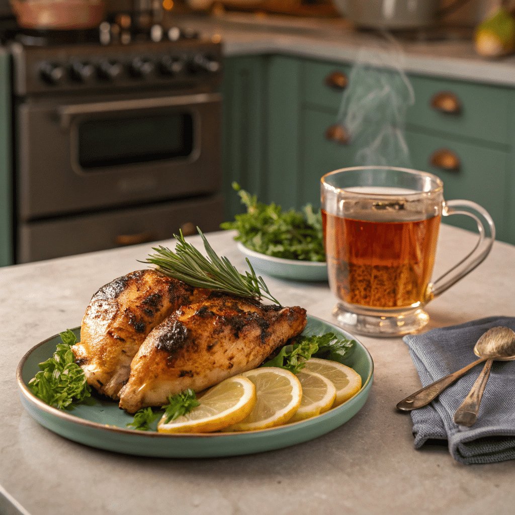 Du poulet grillé et un thé noir