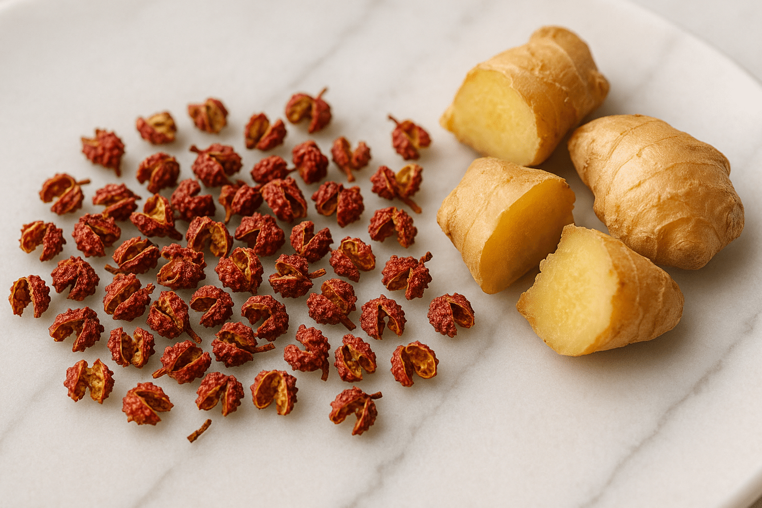 Du gingembre coupé et des baies de Sichuan