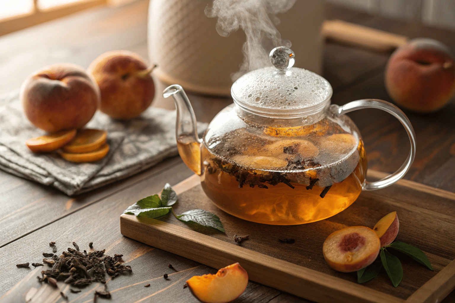 Du thé à la pêche qui infuse dans une théière transparente