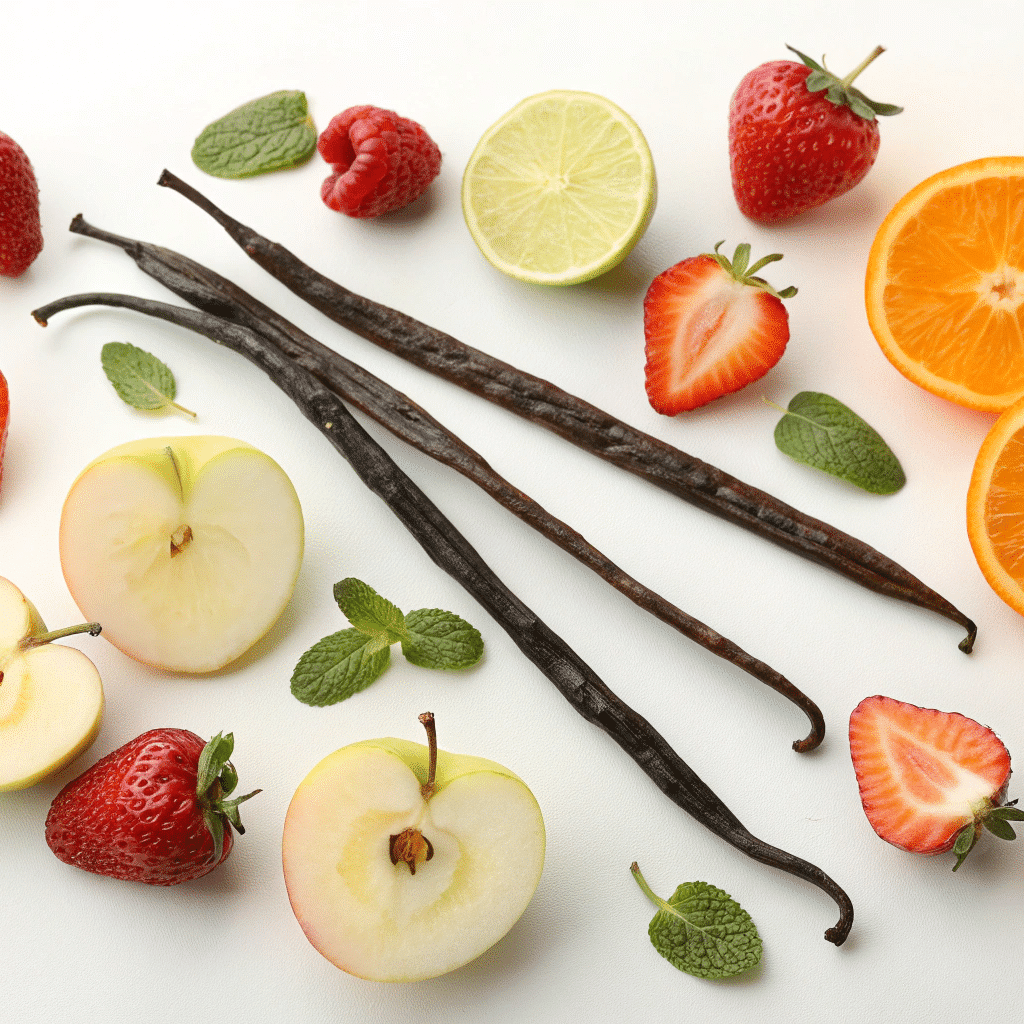 Des gousses de vanille et des fruits