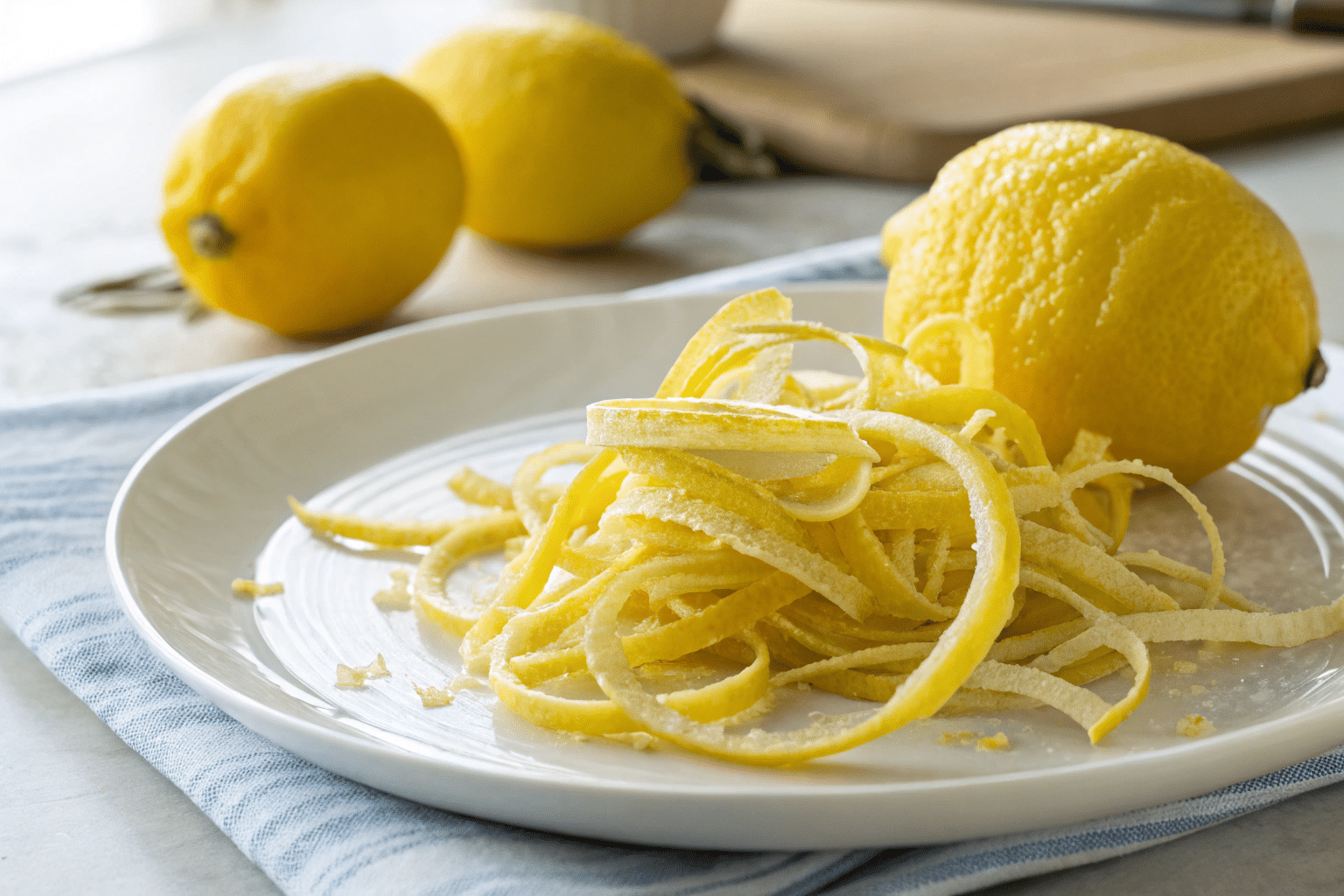 Un tas de zestes de citron bouclés sur une assiette blanche, avec deux citrons entiers en arrière-plan.
