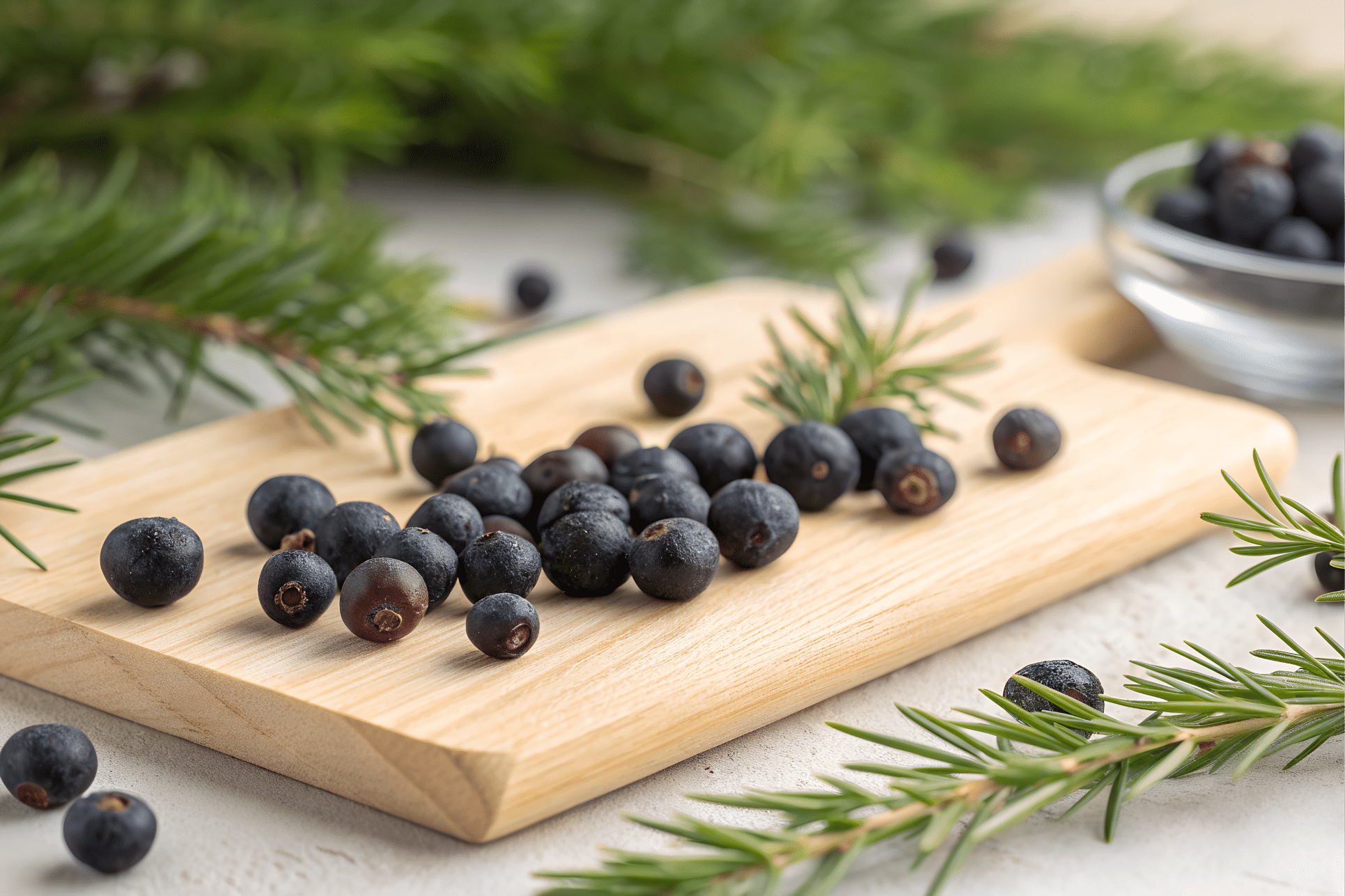 Baies de genièvre bleu-noir sur planche en bois avec branches de genévrier.