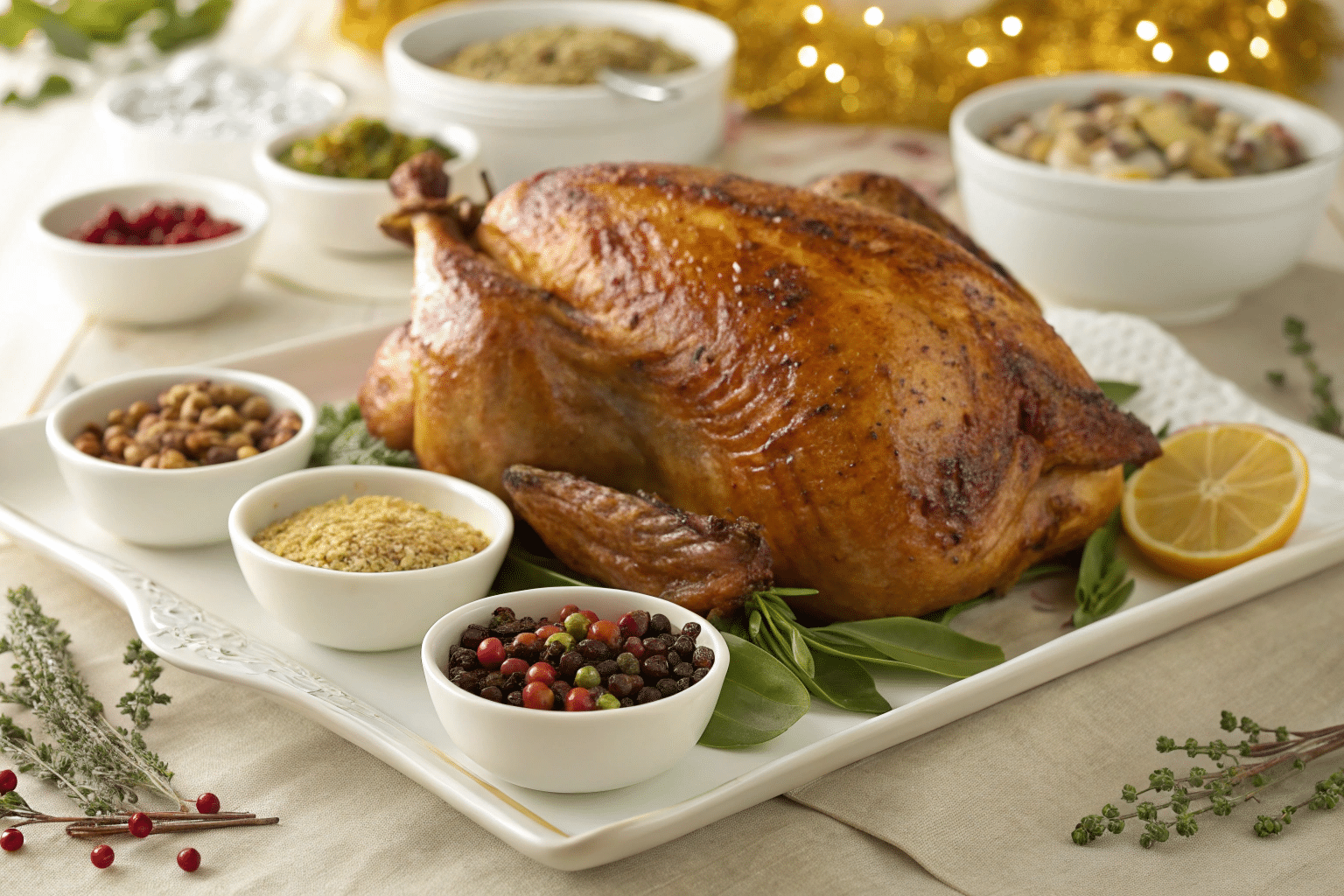 Volaille rôtie dorée sur grand plat blanc rectangulaire, entourée de petits bols blancs contenant grains de poivre multicolores, herbes et condiments, décorée de romarin frais, citron et feuilles vertes, accompagnements et lumières dorées en arrière-plan festif.
