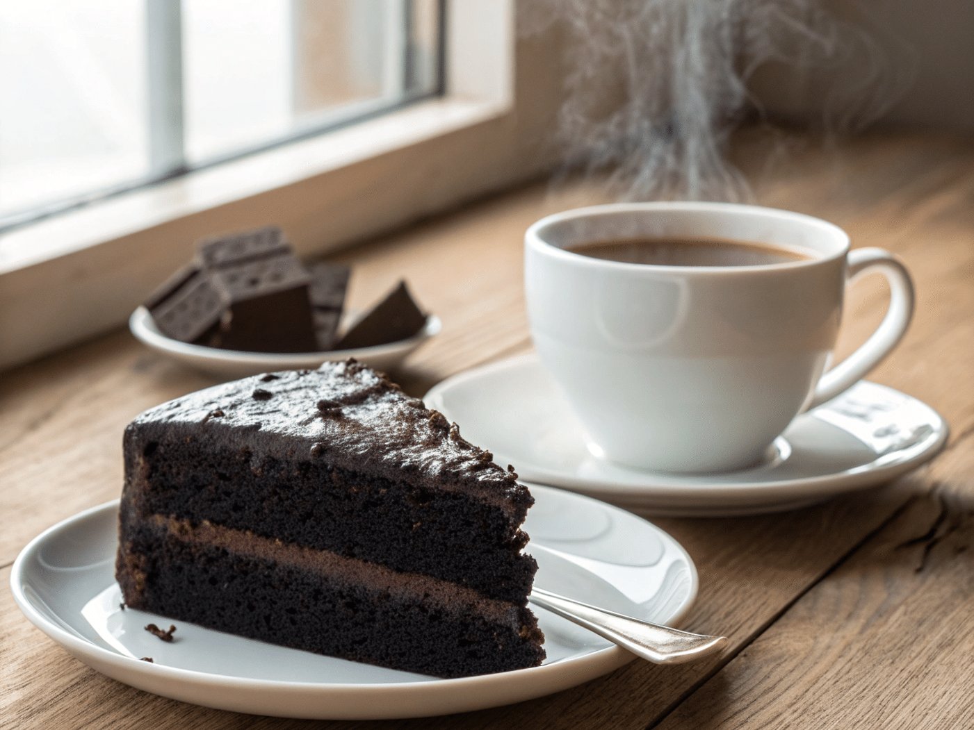 Part de gâteau au chocolat noir servie avec une tasse de thé fumante sur une table en bois.