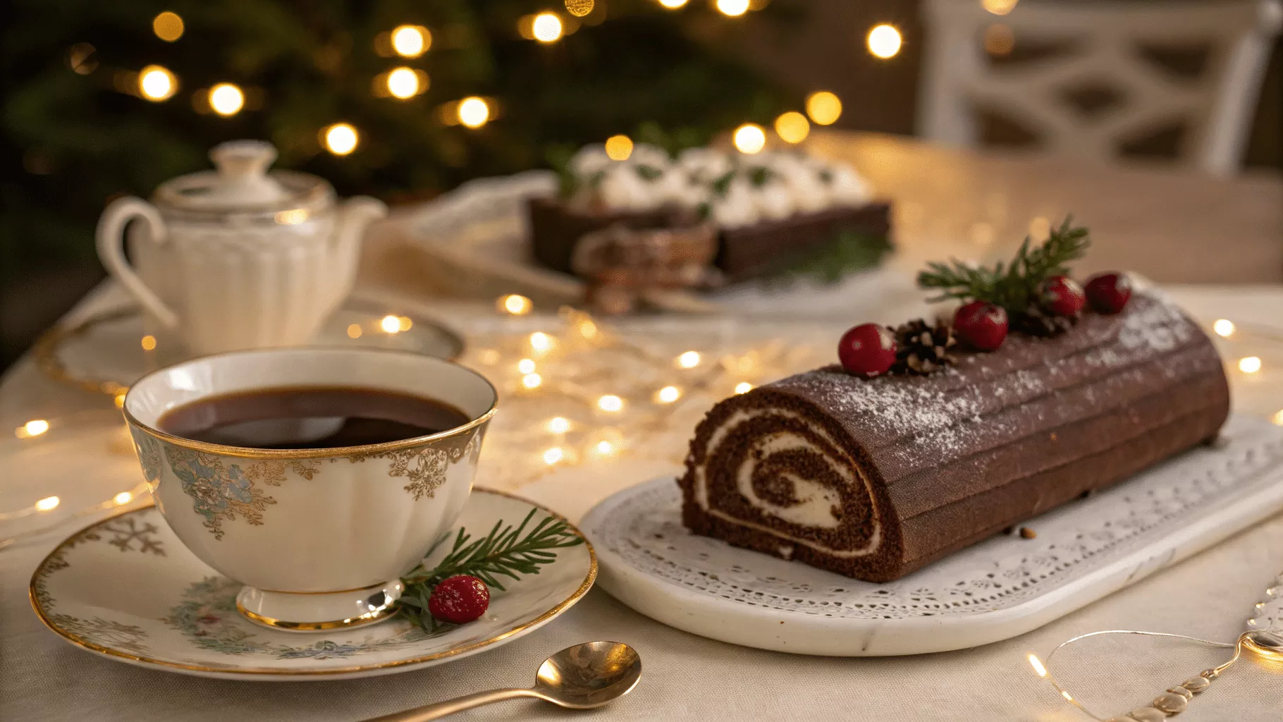 Eine Tasse Tee und ein mit Preiselbeeren verzierter Schokoladen-Weihnachtskuchen auf einem festlich mit Lichterketten geschmückten Tisch.