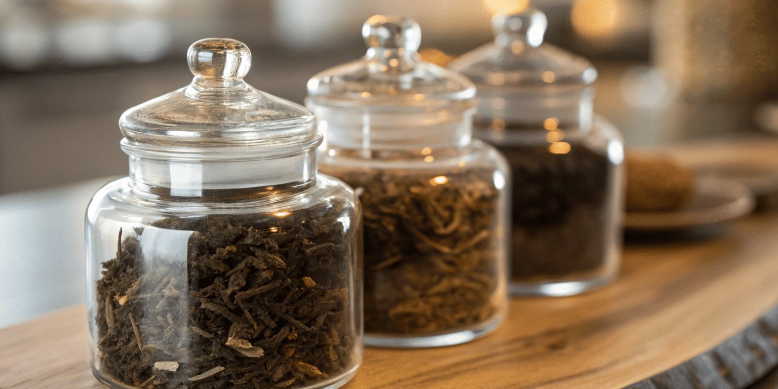 Trois bocaux en verre contenant différentes variétés de thés en vrac alignés sur une surface en bois.