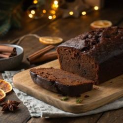 Un pain d'épices maison avec une tranche coupée, entouré d'épices (anis étoilé, piment de la Jamaïque) sur une table en bois.