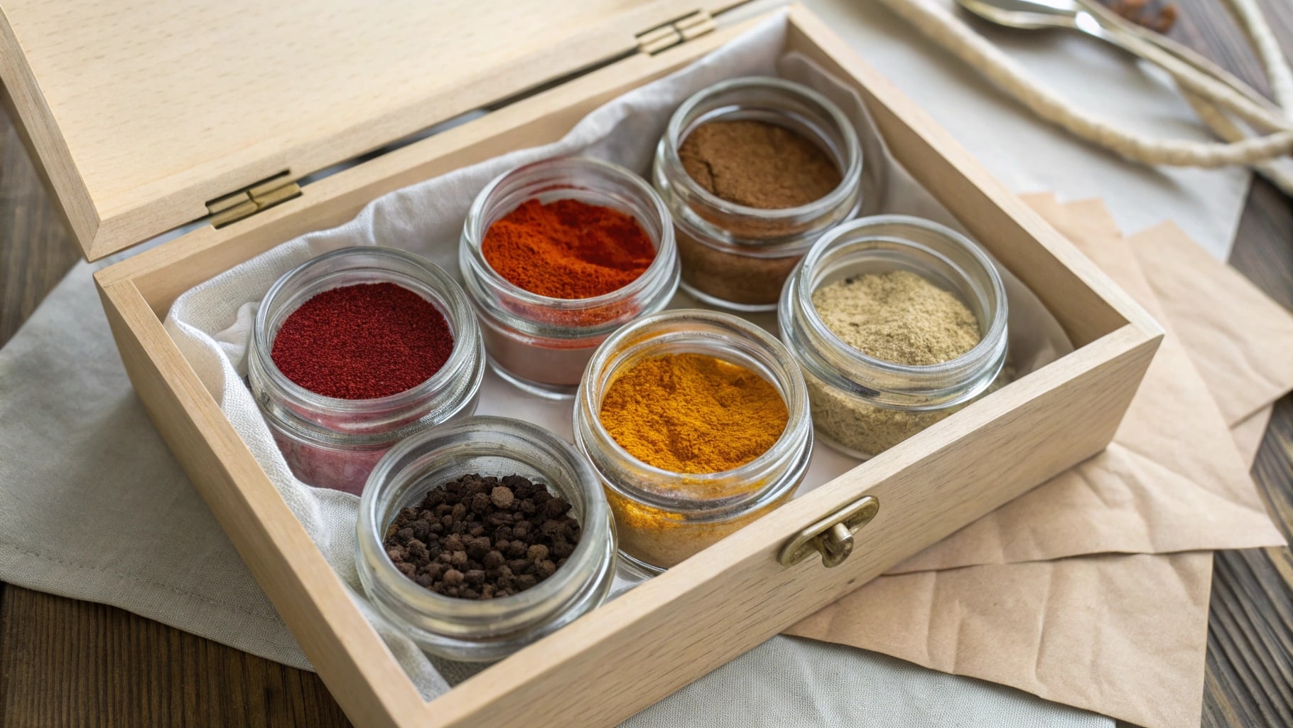 Un coffret en bois ouvert contenant six petits pots en verre remplis d'épices variées et colorées.
