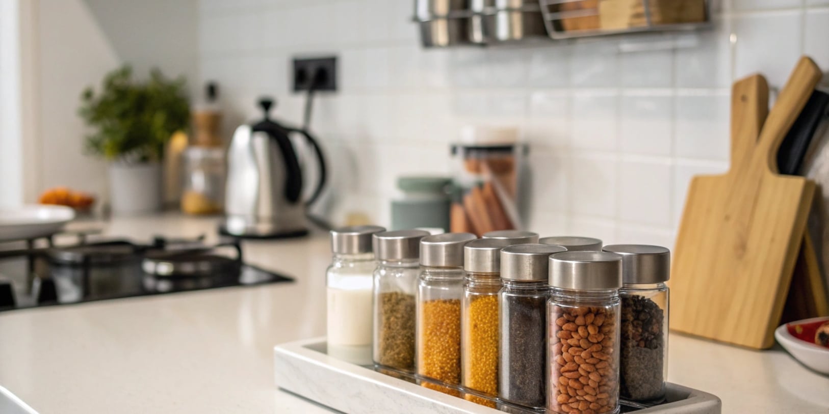 Une rangée de bocaux à épices en verre, remplis d'épices colorées et bien alignés dans un présentoir en marbre, posée sur un comptoir de cuisine propre et moderne.