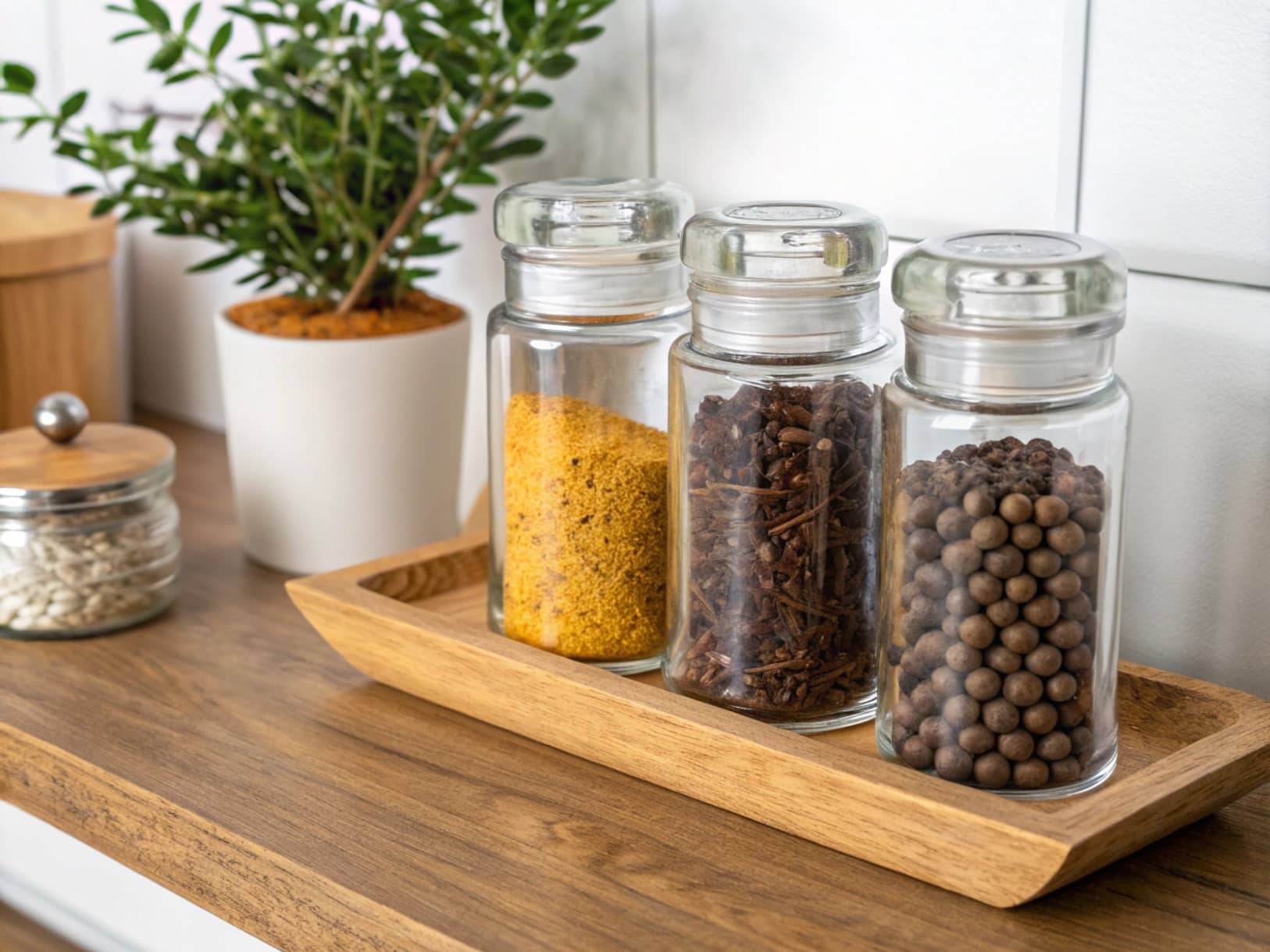 Trois bocaux en verre remplis d'épices (poudre jaune, clous de girofle ou poivre, grains de poivre) alignés dans un présentoir en bois sur une étagère, avec une plante verte en arrière-plan.