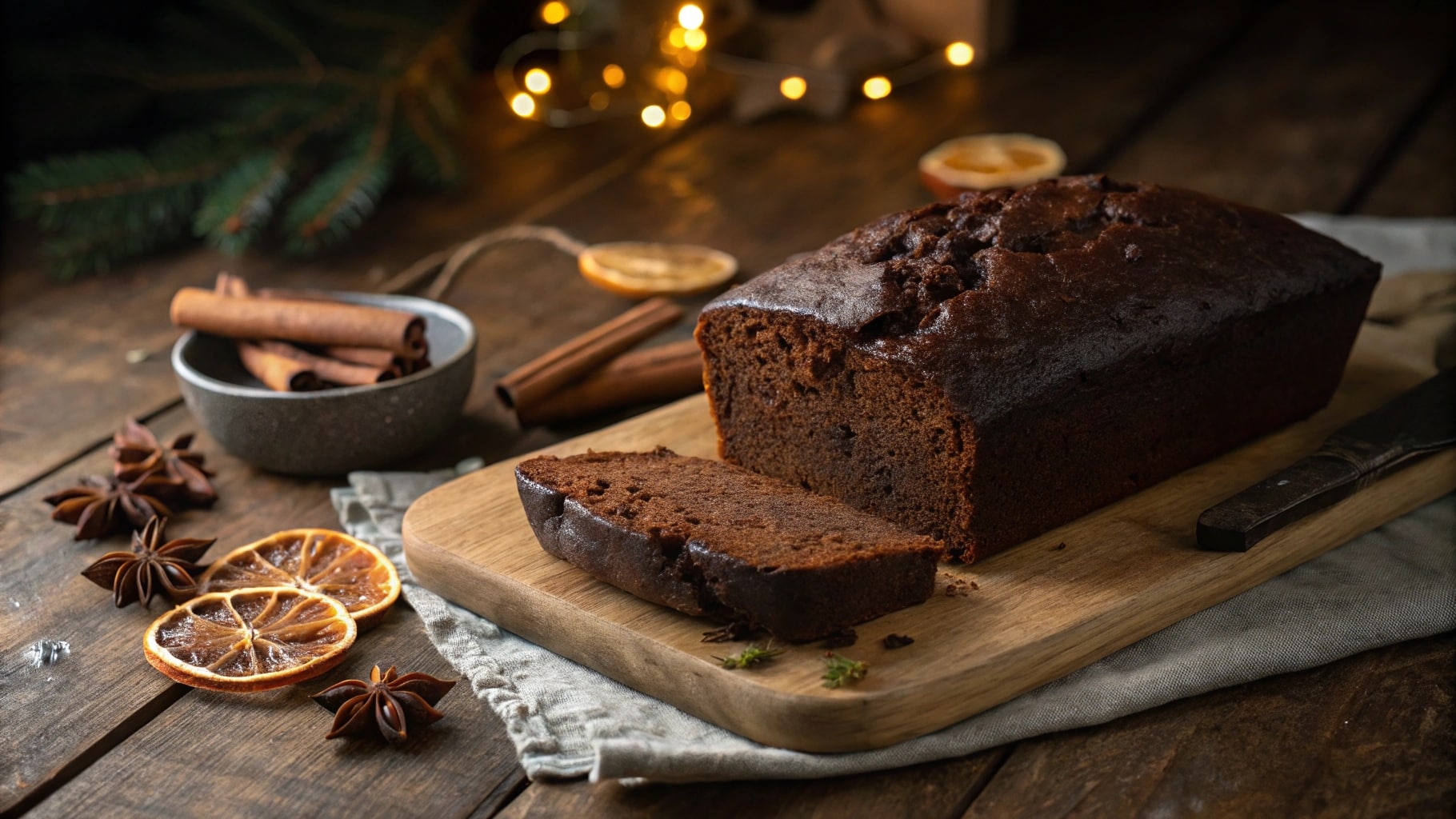 Un pain d'épices maison avec une tranche coupée, entouré d'épices (anis étoilé, piment de la Jamaïque) sur une table en bois.