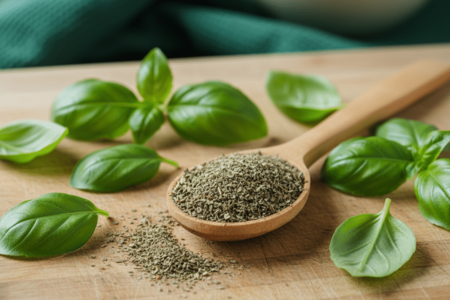 Une cuillère en bois remplie de basilic séché, avec des feuilles de basilic frais en arrière-plan.