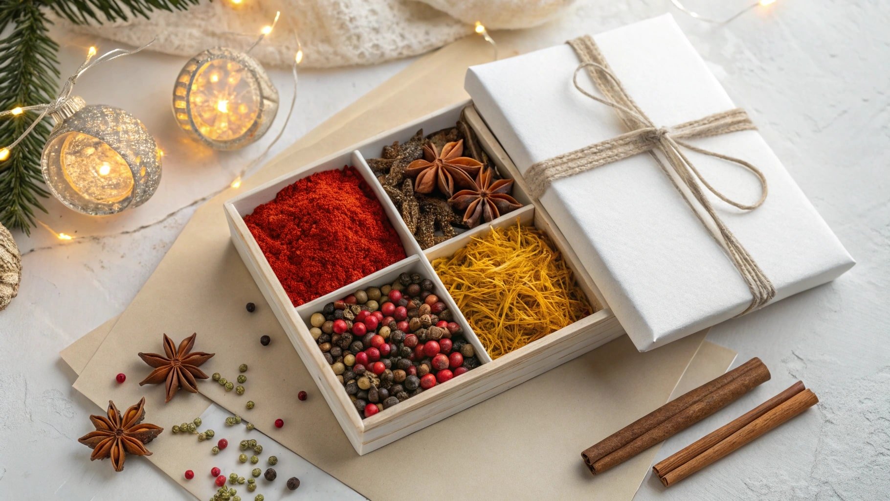 Un coffret cadeau de Noël ouvert, divisé en quatre compartiments remplis d'épices colorées, posé à côté de décorations de Noël lumineuses.