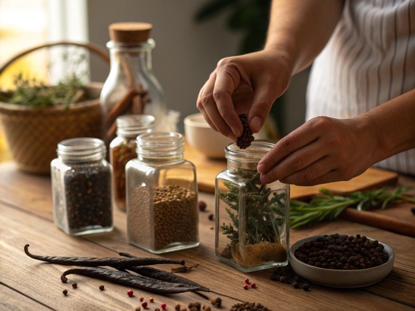 Des mains remplissant des bocaux en verre avec des herbes et des épices sur une table en bois.