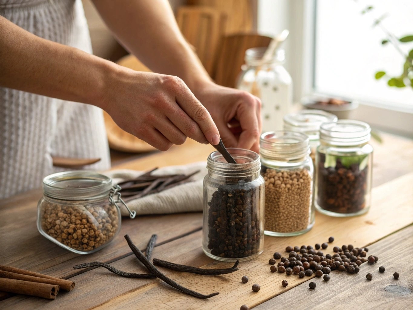 Mains prélevant des épices dans un bocal en verre, entouré de gousses de vanille et de cannelle.