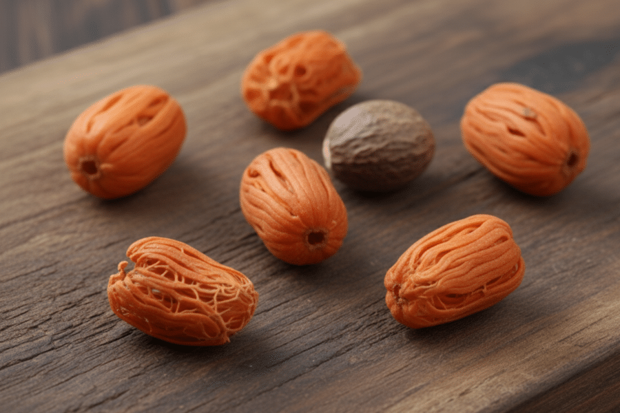 Des macis séchés de couleur orange sur une planche en bois.