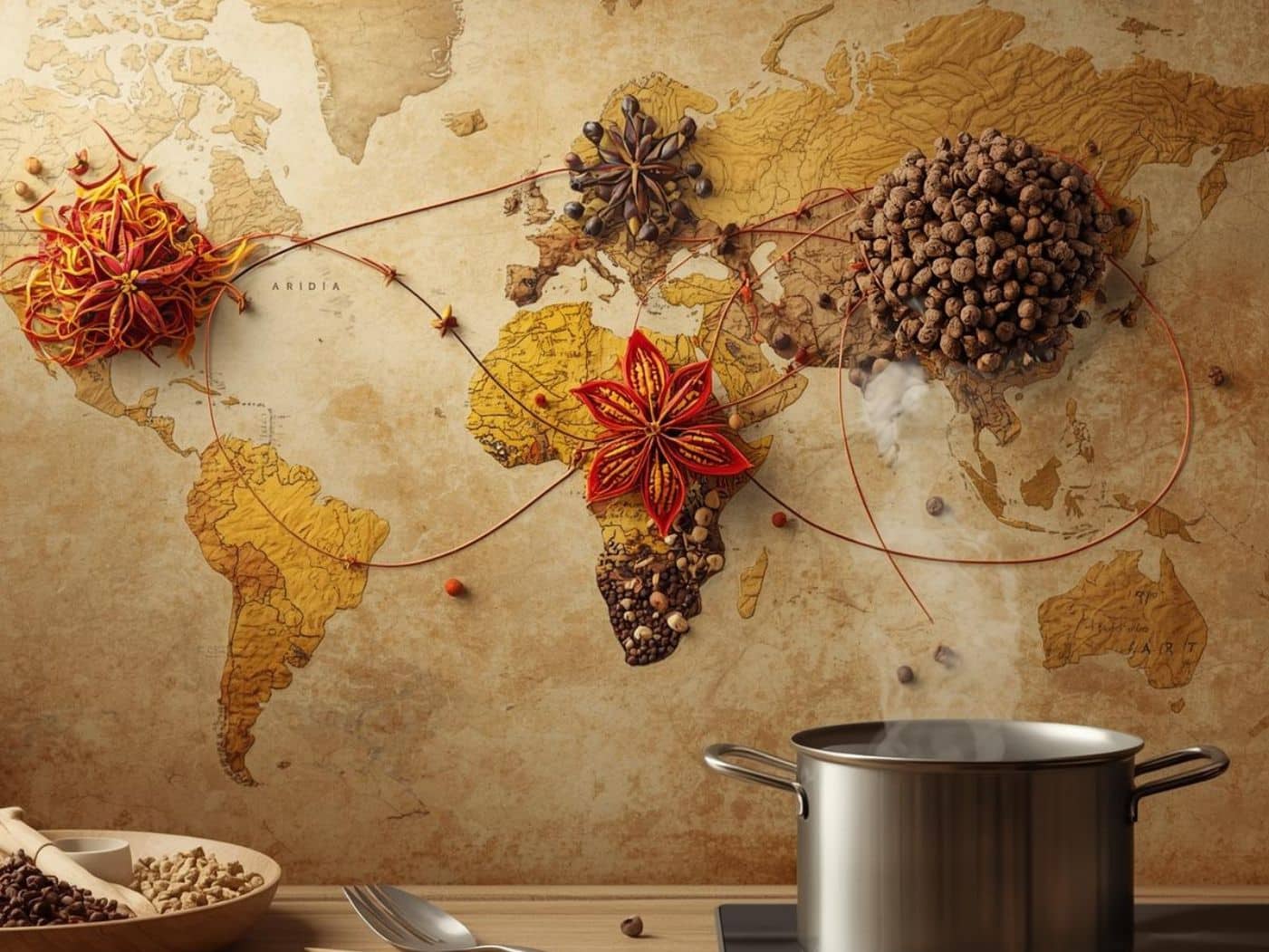Une carte du monde stylisée de style vintage, où des amas d'épices (anis étoilé, poivres, pistils) sont placés sur différents continents et reliés par un fil rouge menant à une casserole fumante au premier plan.