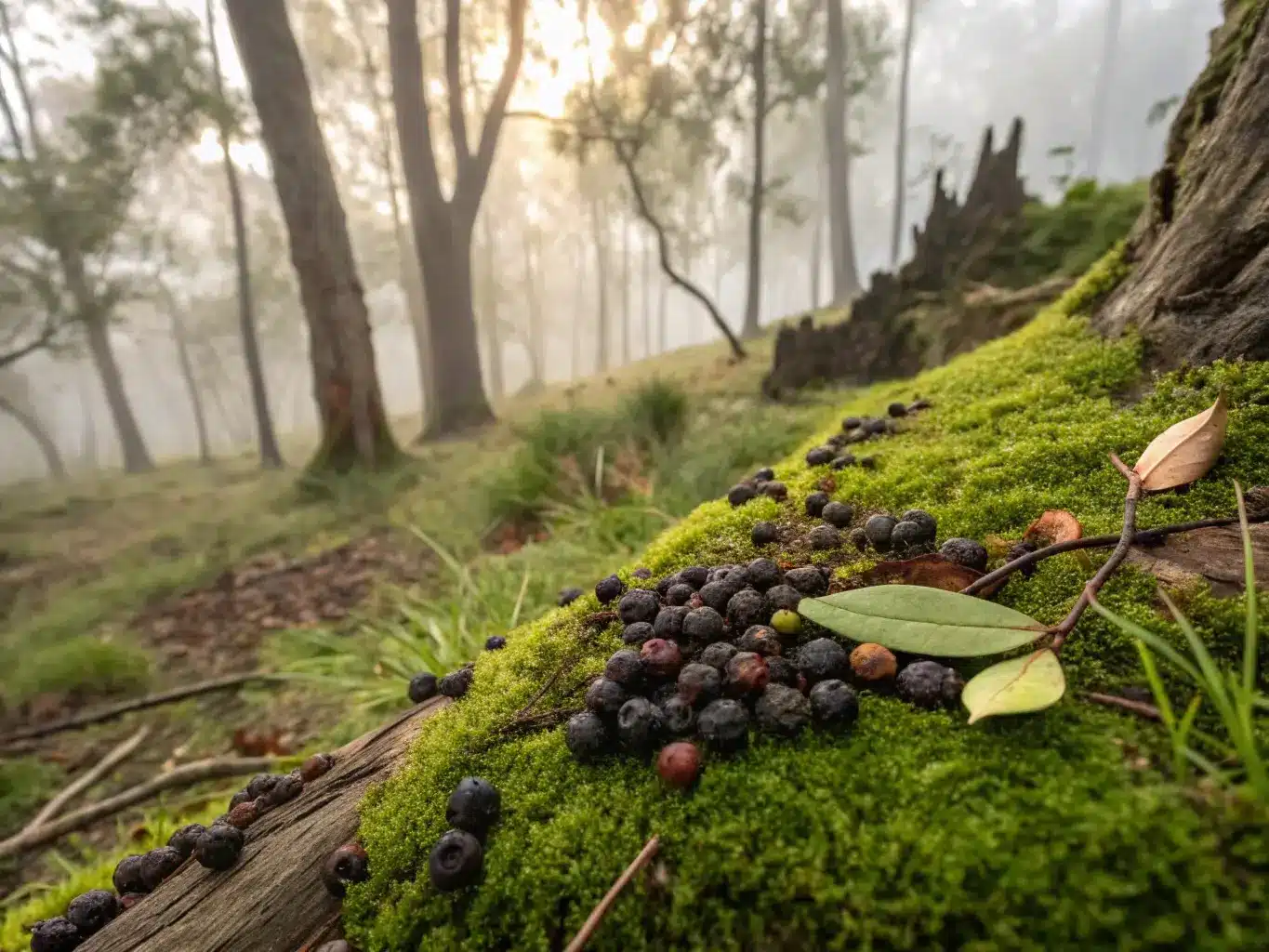 Baies de Tasmanie déshydratées sur un sol en fôret.