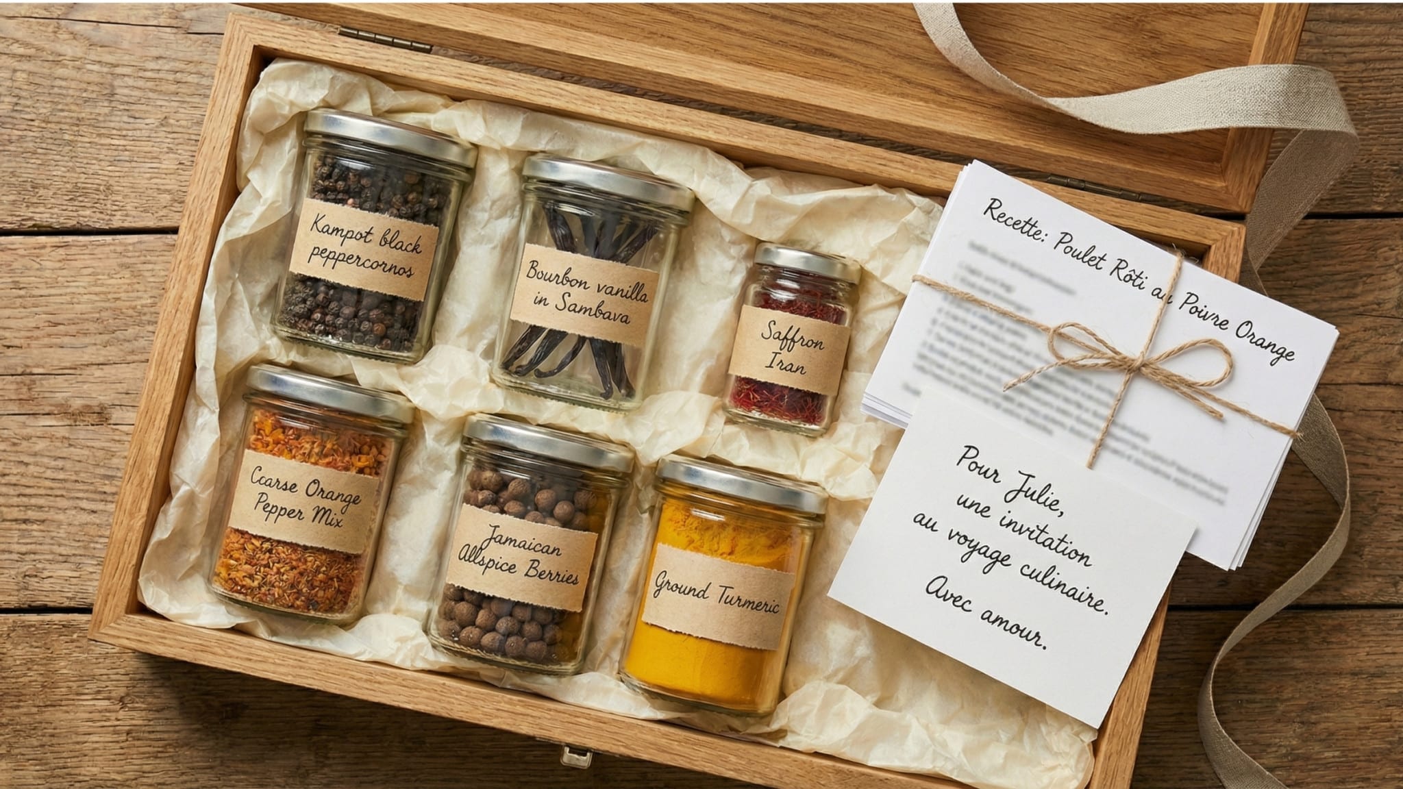 Coffret d'épices maison dans une boîte en bois ouverte.