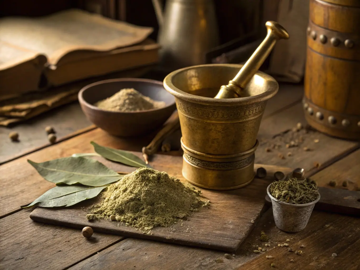 Mortier en metal avec des feuilles de laurier et du laurier moulu.