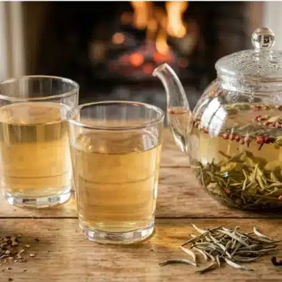 Théière avec des épices qui infusent et deux tasses de thé.