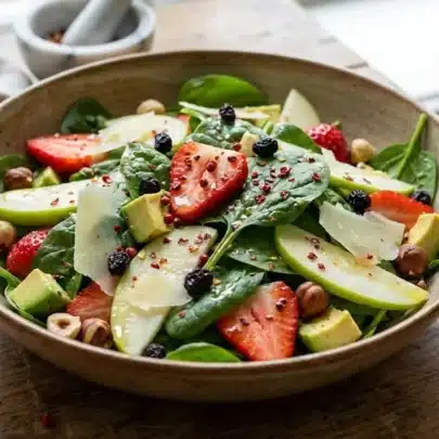 Salade printanière de fruits et légumes aux poivres fruités.