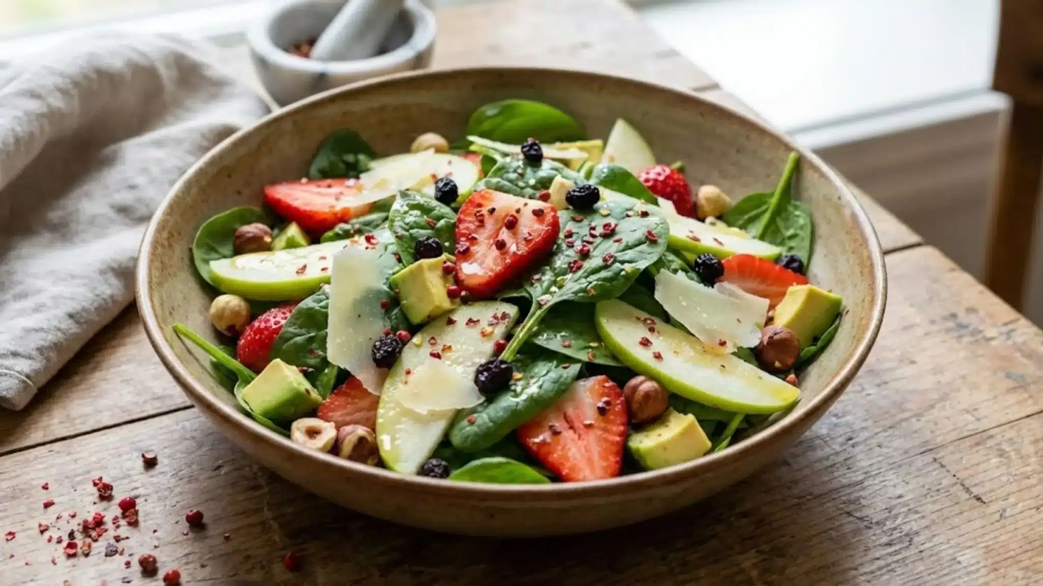 Salade printanière de fruits et légumes aux poivres fruités.