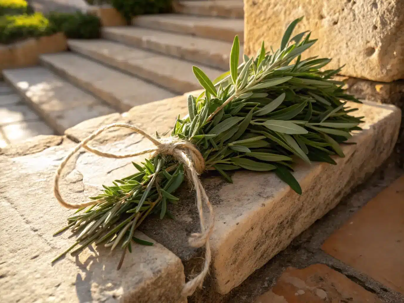 Bouquet de sarriette en feuilles sur un mur de pierre.