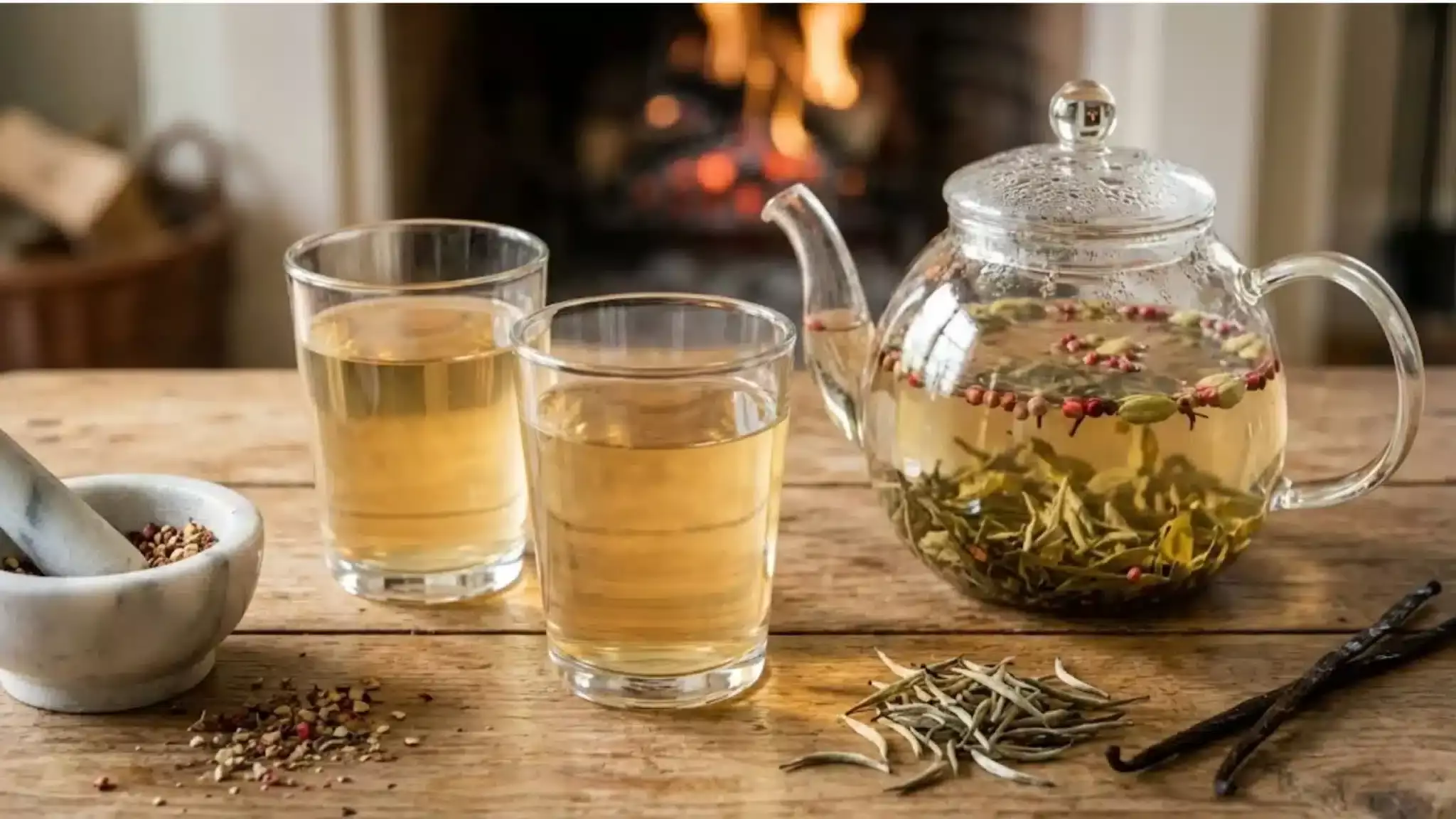 Teekanne mit aromatisierten Gewürzen und zwei Tassen Tee.