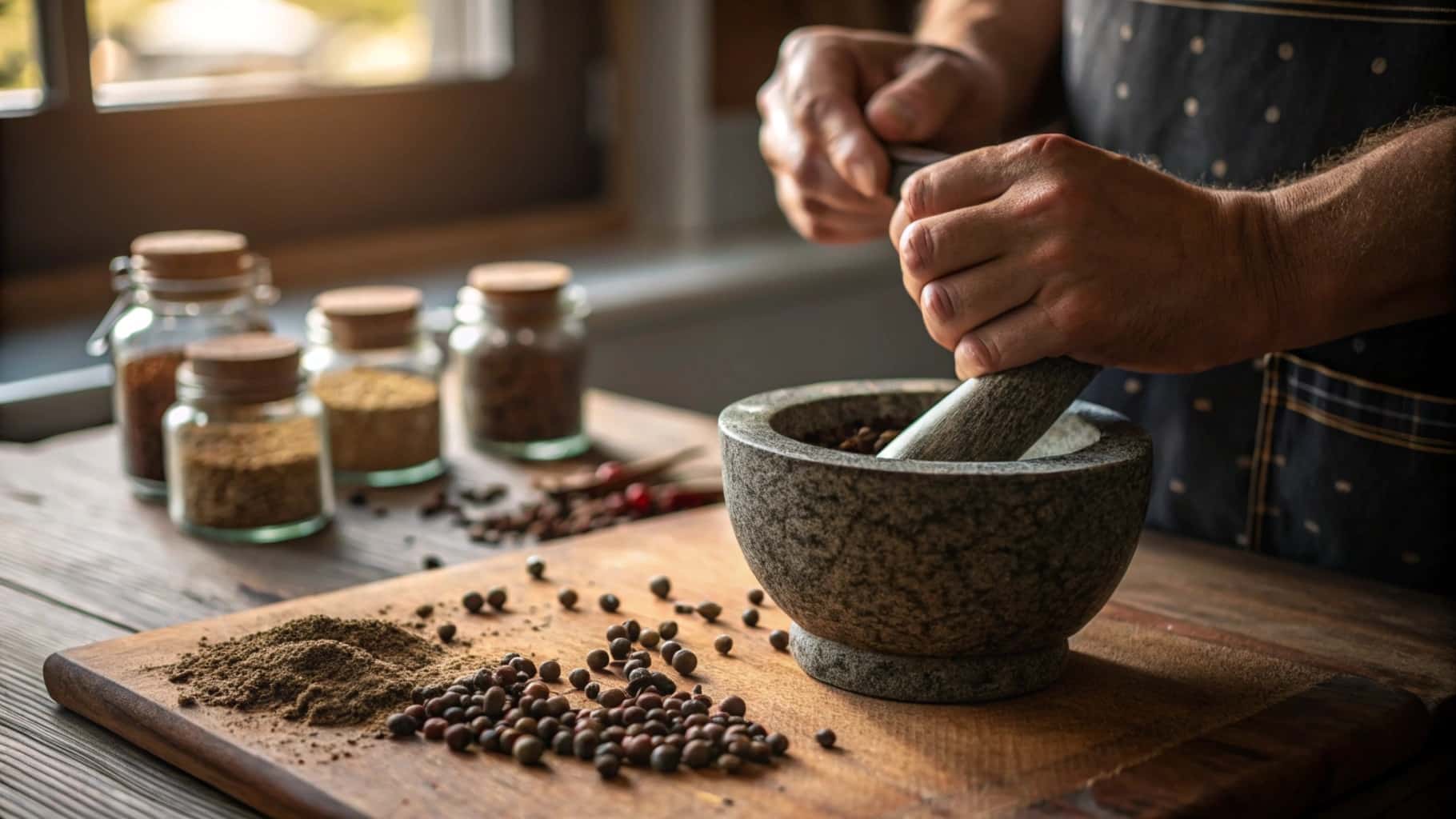 Mains broyant des épices dans un mortier en pierre