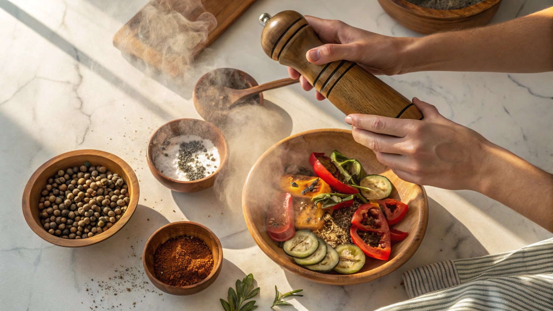 Utilisation d'épices fraîchement moulues dans un plat du quotidien.