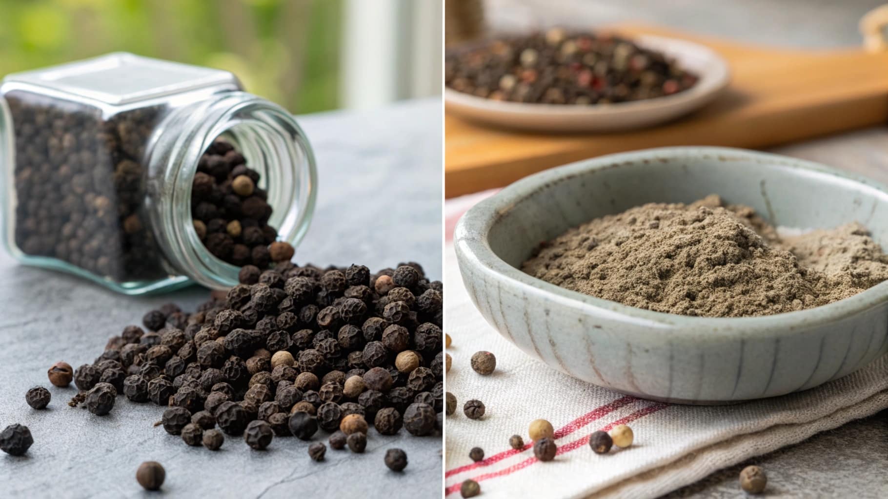 Image splitée avec du poivre en grains à gauche et moulu à droite.
