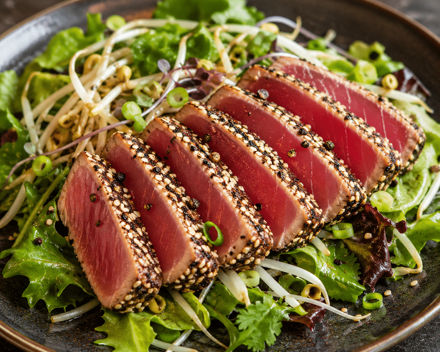 Un tataki de thon avec une croute au sésame et au poivre de Kampot noir
