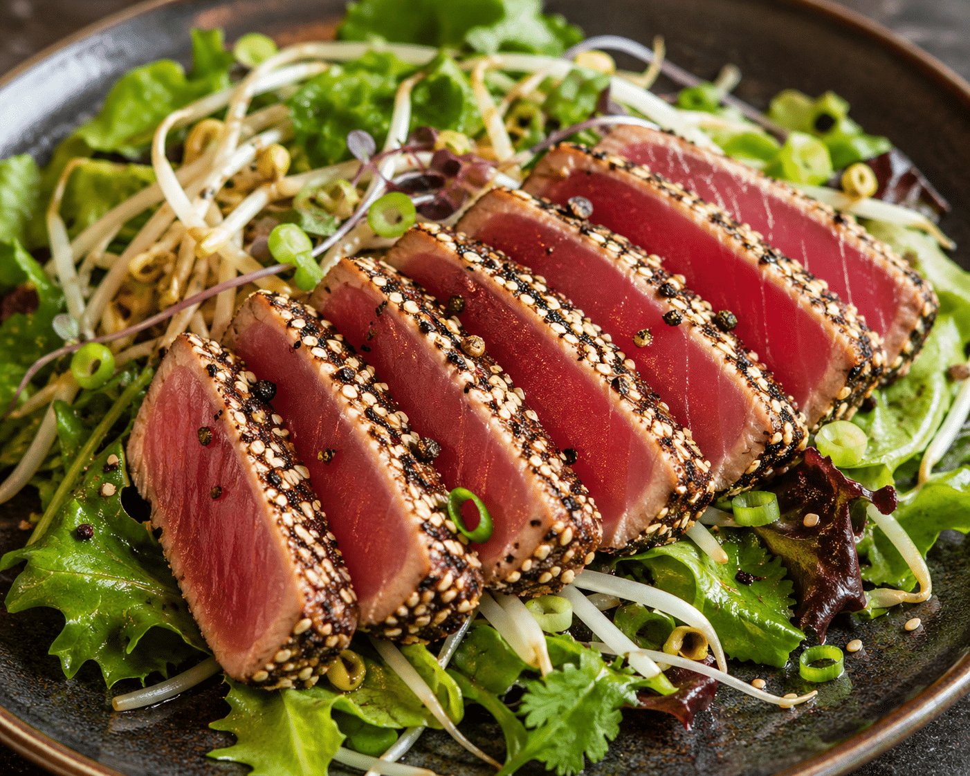 Un tataki de thon avec une croute au sésame et au poivre de Kampot noir