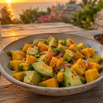 Une salade de mangue et d'avocat au coucher de soleil