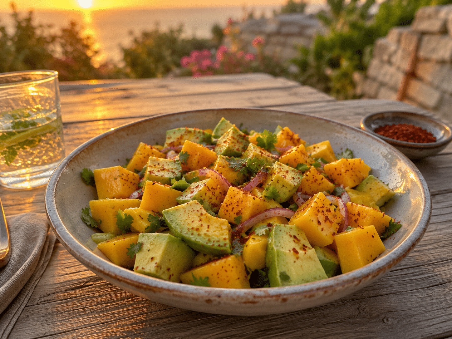 Une salade de mangue et d'avocat au coucher de soleil